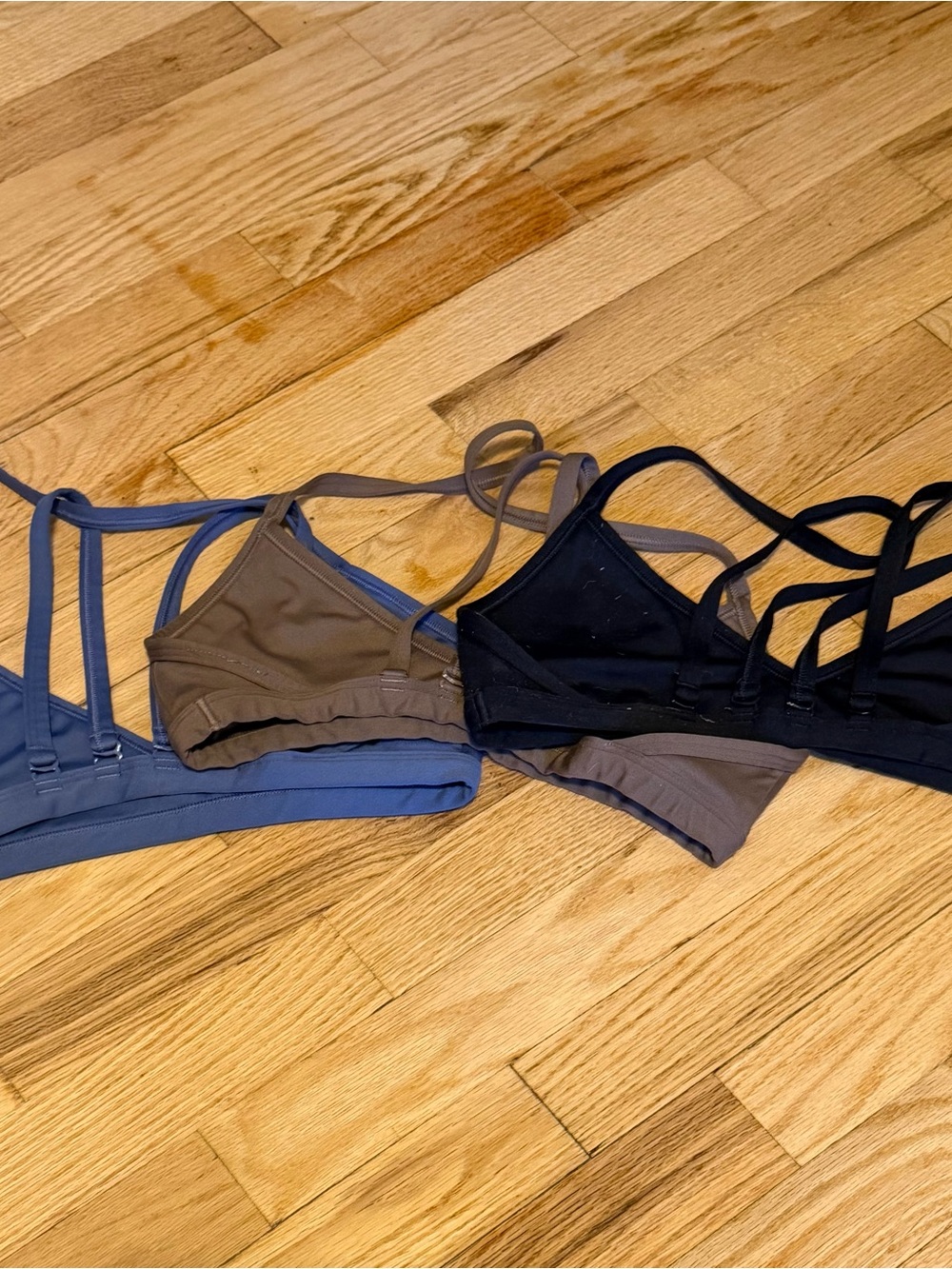 Gymshark Minimalist Sports Bra Trio — Blue, Brown, Black - Picture 2 of 2